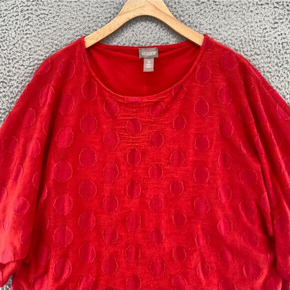 Chicos Top Womens 3 US Extra Large Red Applique Polka Dot Elbow Kimono Sleeves - Picture 2 of 10